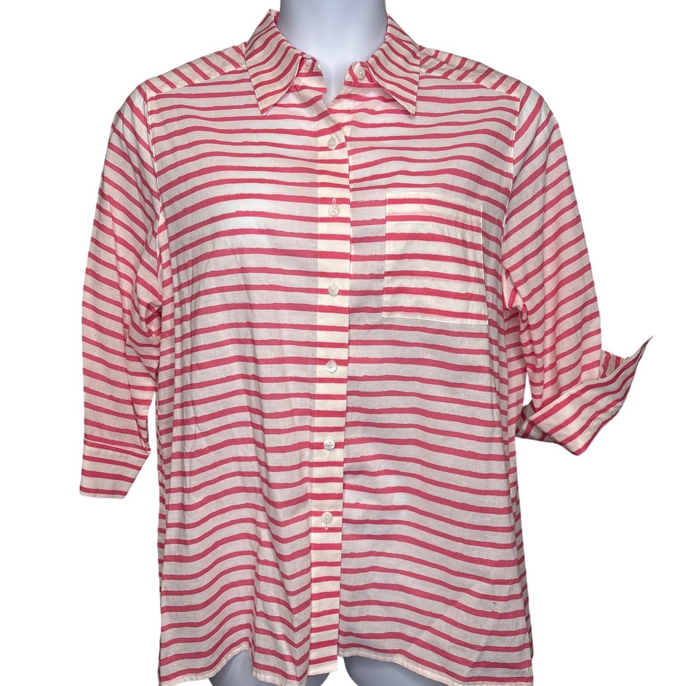 Foxcroft Womens Shaped Fit Striped Button Up Shirt Size 14W Pink White Career